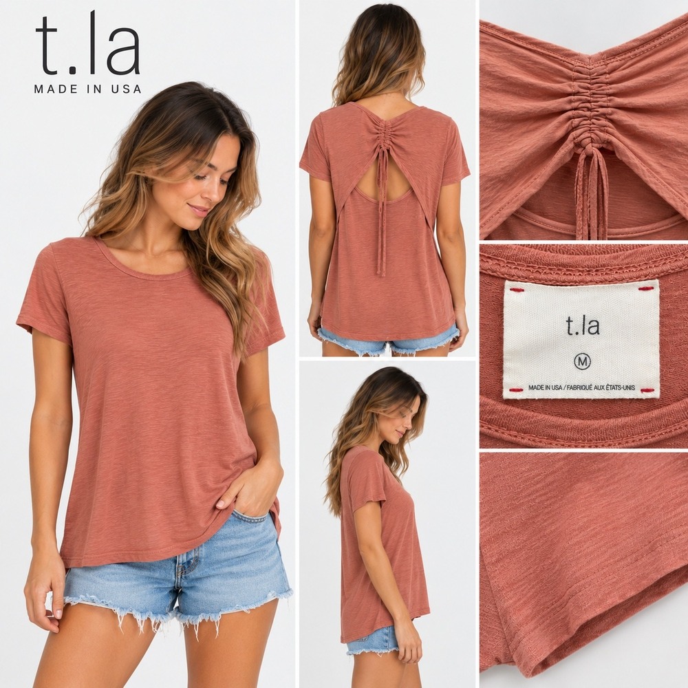 t.la Anthropologie Terracotta Slub Knit Open Back Ruched Tie Tee Shirt Medium